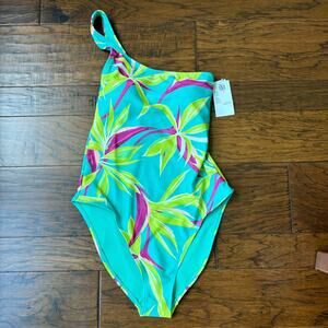 NWT Old Navy Printed One-Shoulder Swimsuit Tropic Days Sz M Vacation UPF 40